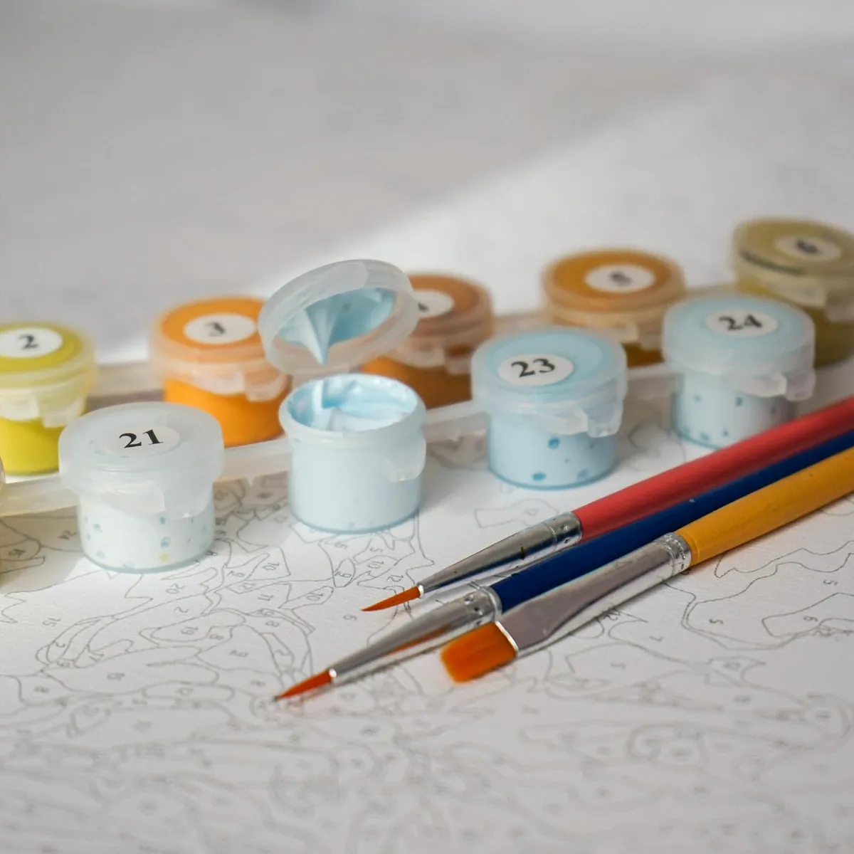 Nummerierte Acrylfarben-Töpfchen und Pinsel auf einer bedruckten Malen-nach-Zahlen-Leinwand
